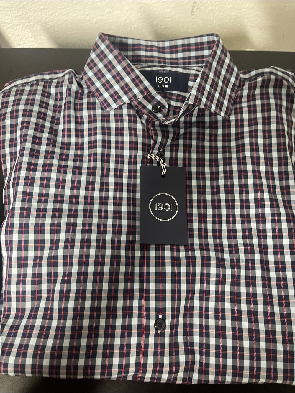 1901 Men's Navy, White & Red Plaid Button-Up Shirt